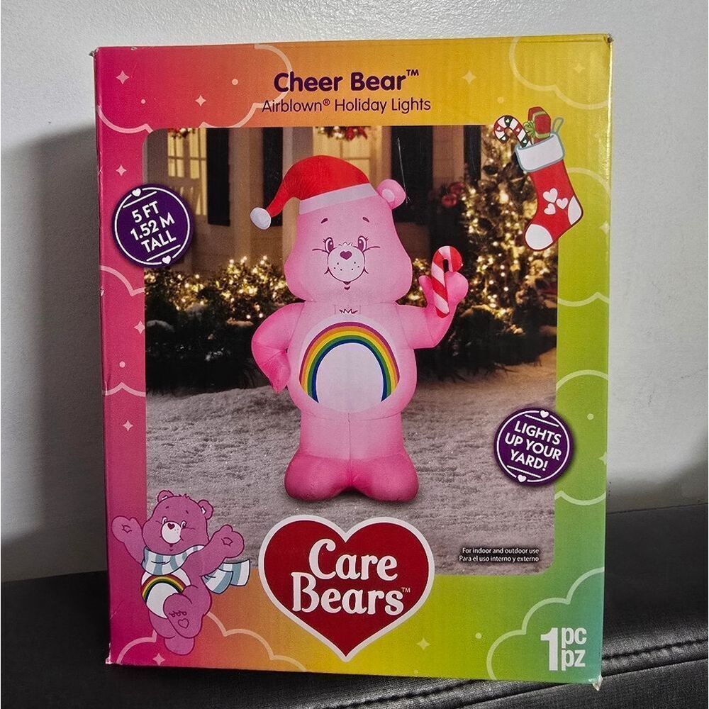 Care Bears Christmas Yard Inflatable Cheer Bear Santa Hat Candy Cane 5 ft